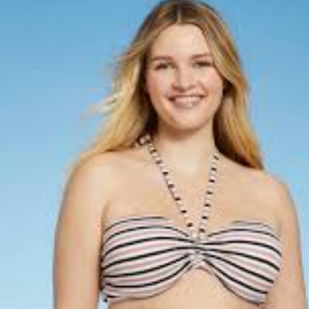 Shade & Shore Womens Bikini Top White Striped Underwire Padded Strapless Sz 38DD
